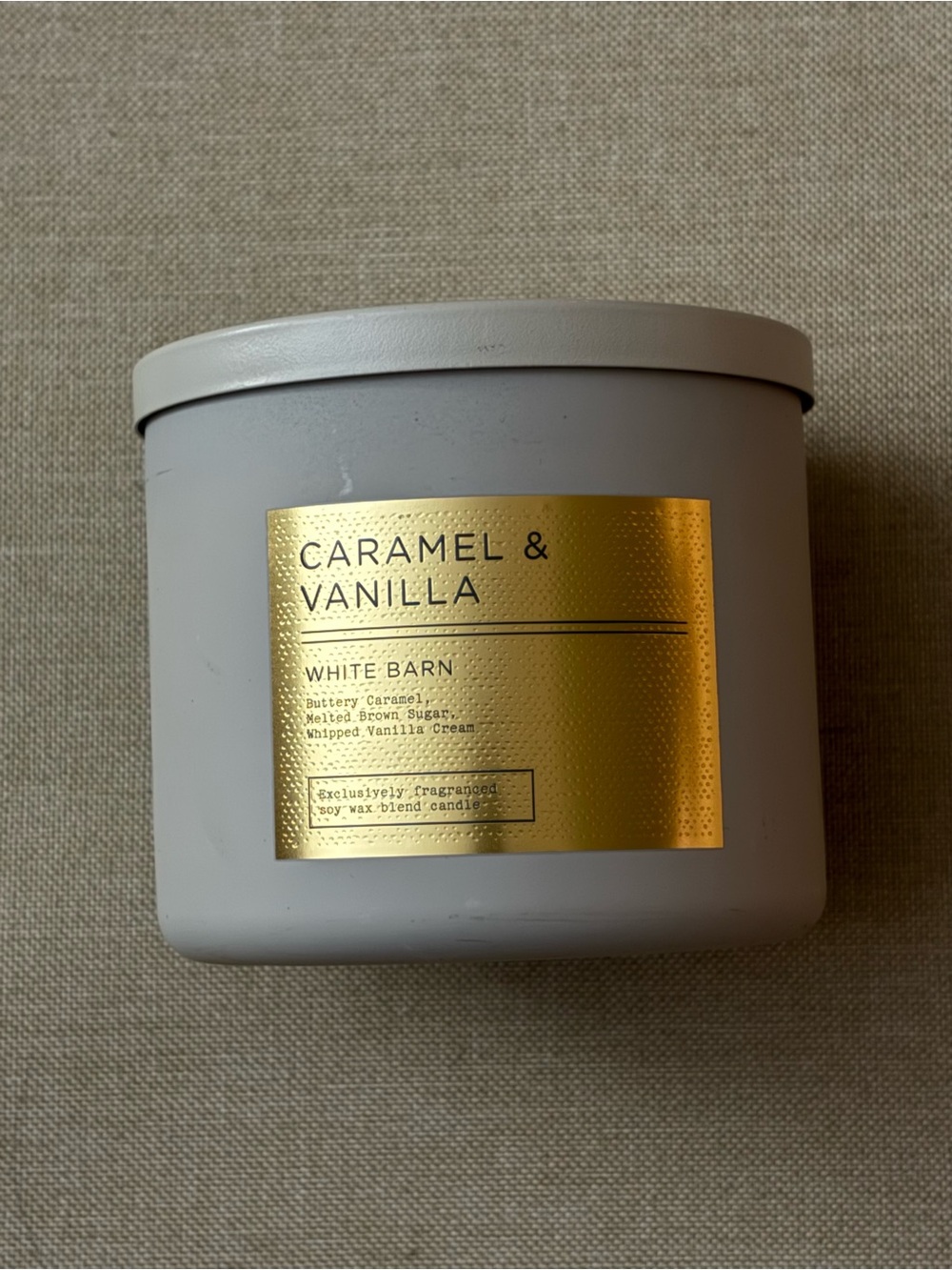 White Barn Caramel & Vanilla Candle - Light Gray with Gold Label